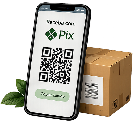 Celular recebendo pagamento via Pix ao lado de uma caixa pronta para envio